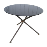 Table basse ronde tripode en laiton et verre 1970