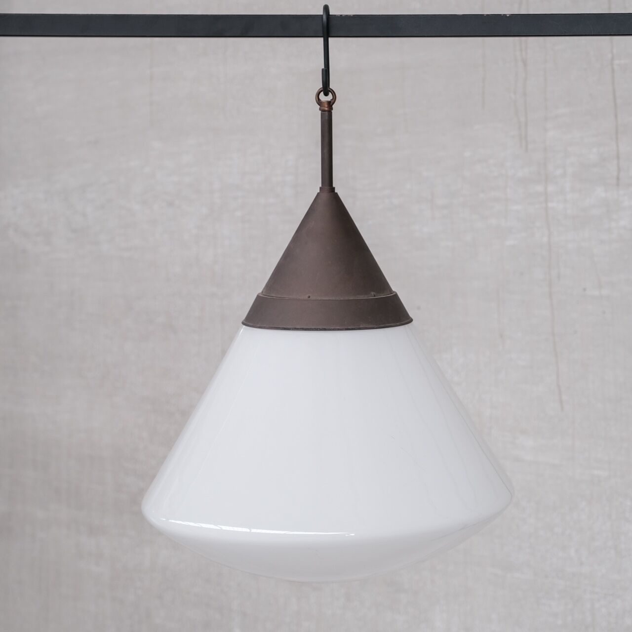 Trio of xl conical opaline mid-century pendant lights 1950