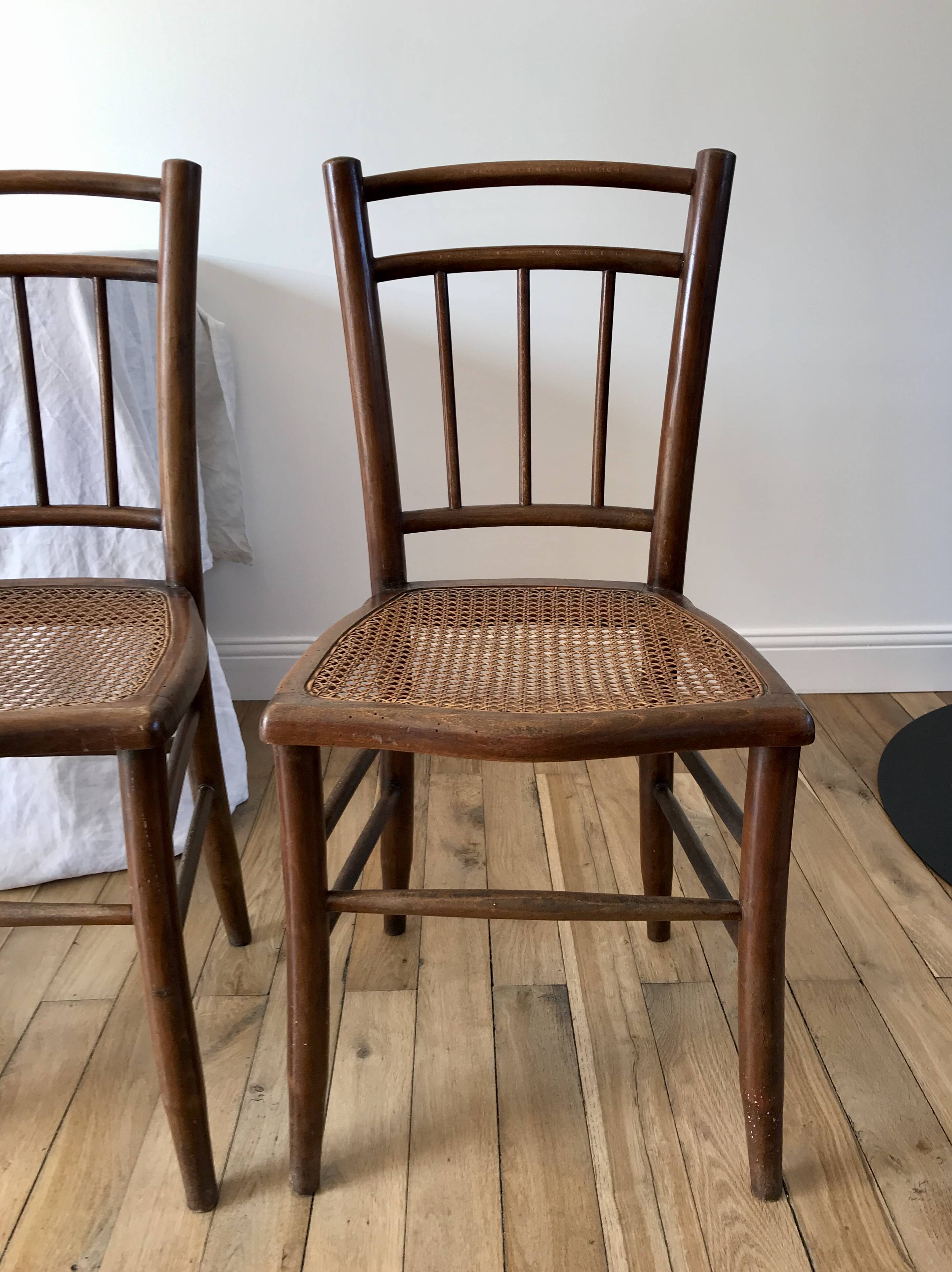 set of 4 bistro chairs in turned wood and canework stamped early 20th century