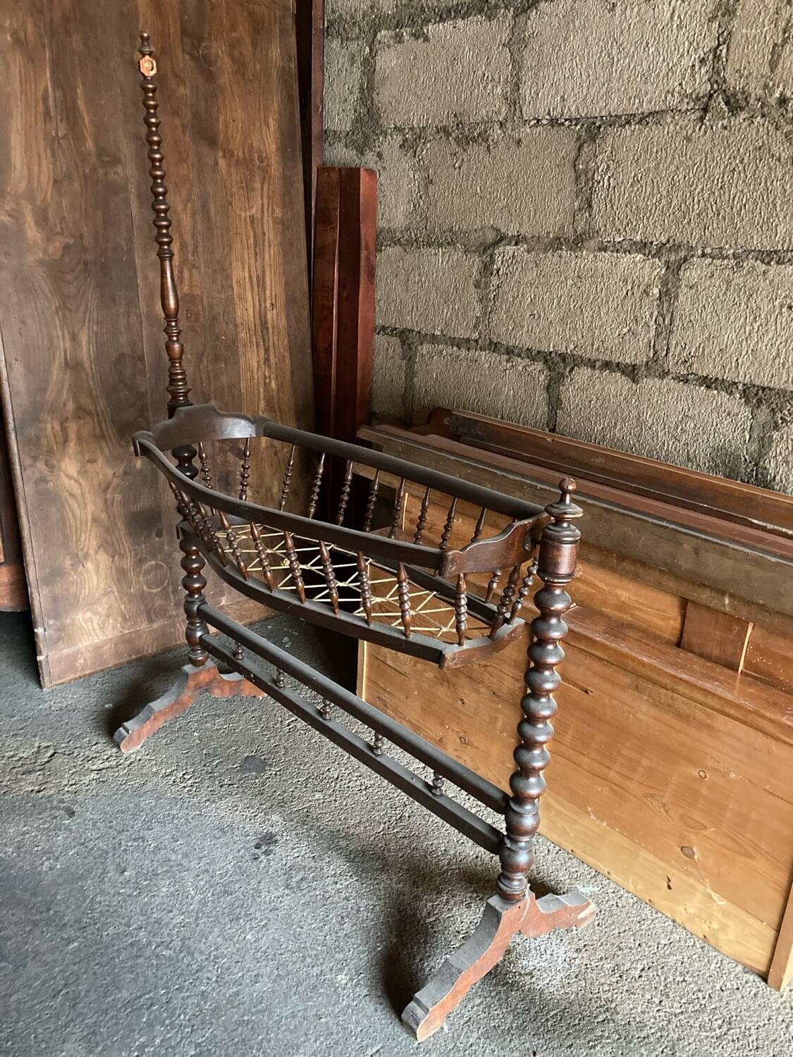 Antique turned wooden cradle
