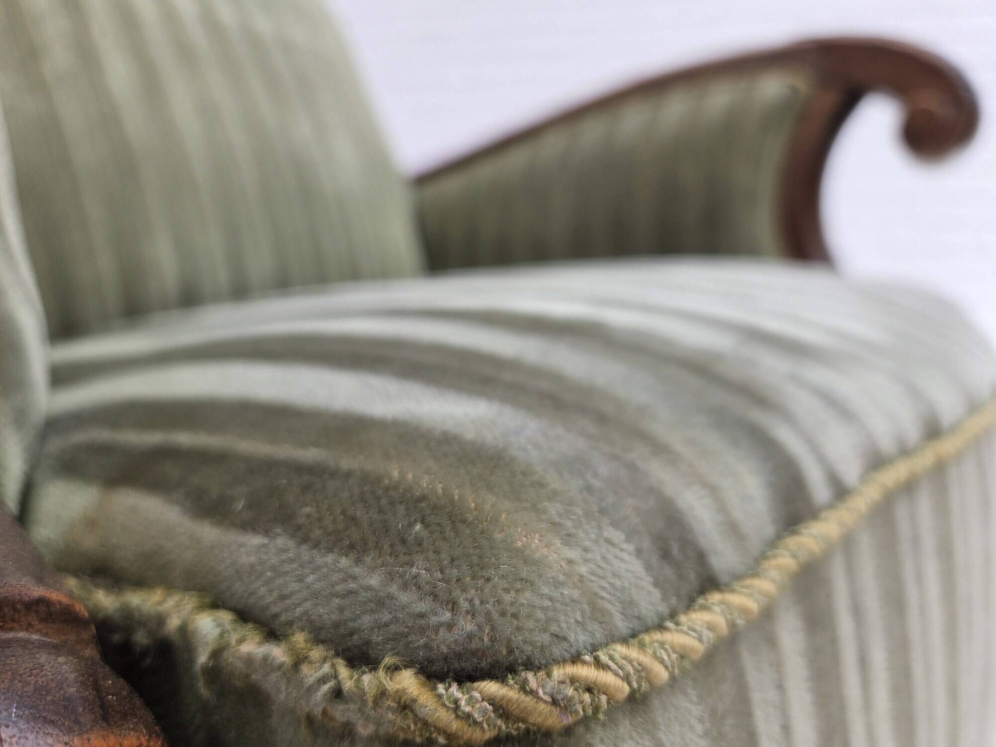 1950s, Danish relax armchair, green furniture velour, carved oak wood.