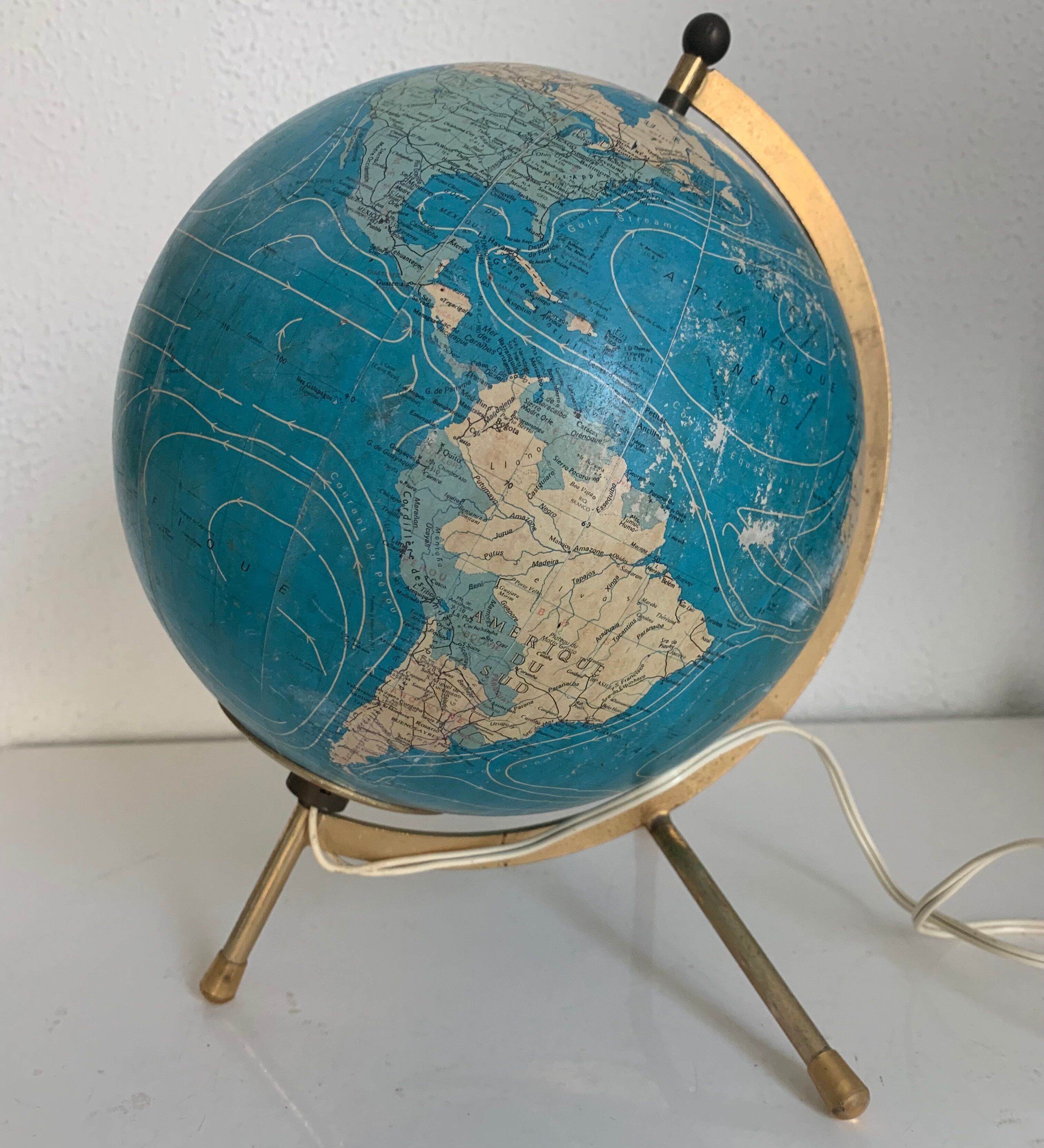 Vintage globe 1974 terrestrial tripod glass Taride