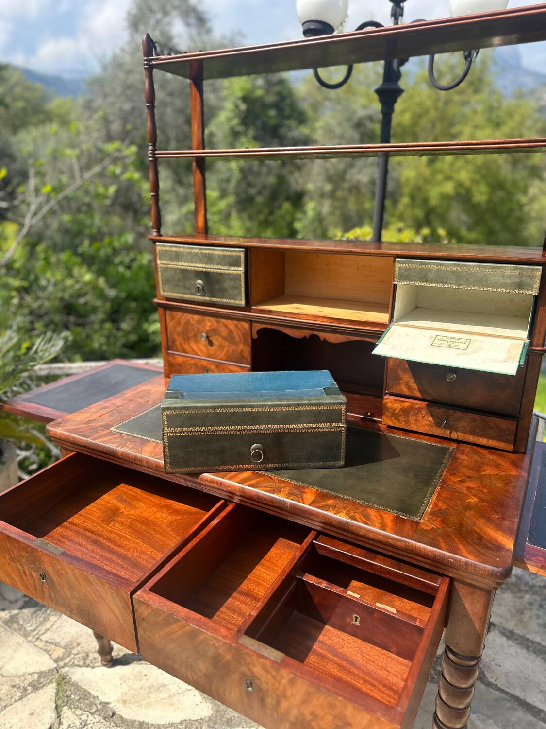 19th century flamed mahogany stepped desk