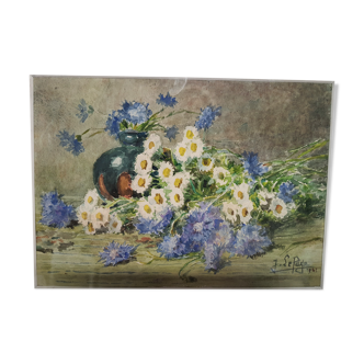Watercolor painting signed Bouquet de fleurs