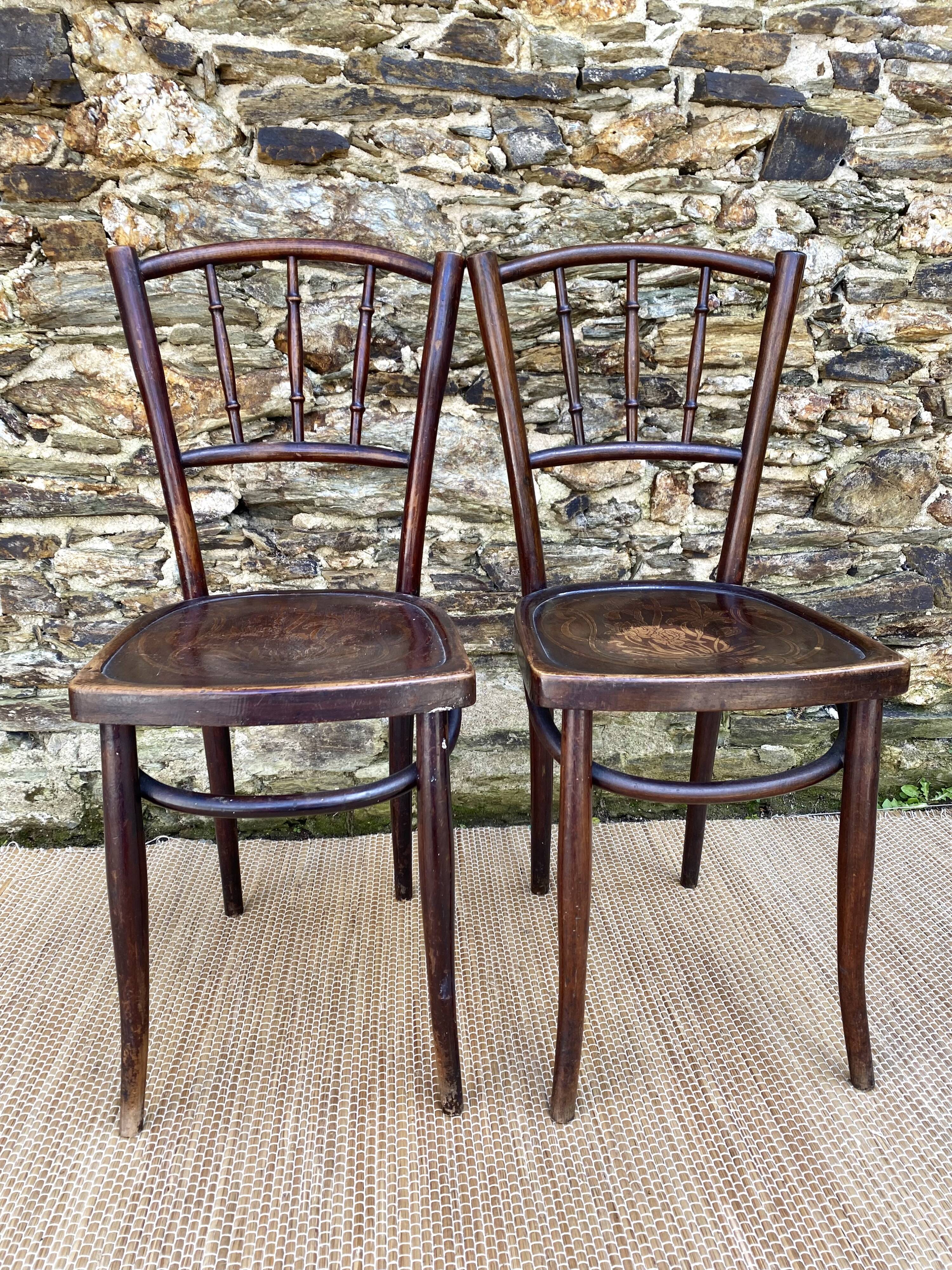 Pair of Thonet bistro chairs with flower decor, art nouveau