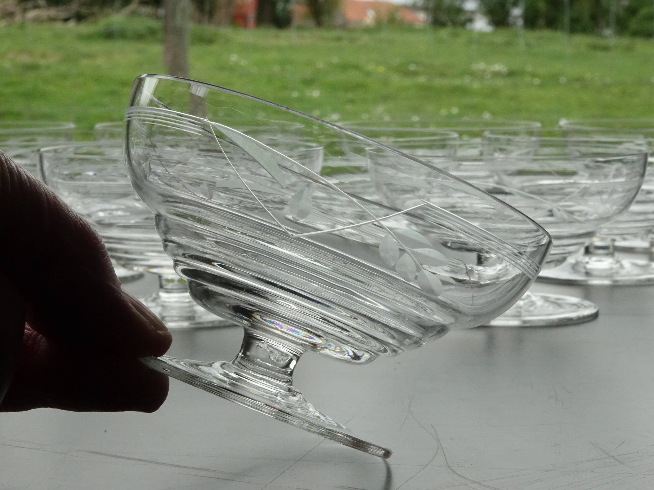 Set of 10 Art Deco crystal champagne glasses from Czechoslovakia