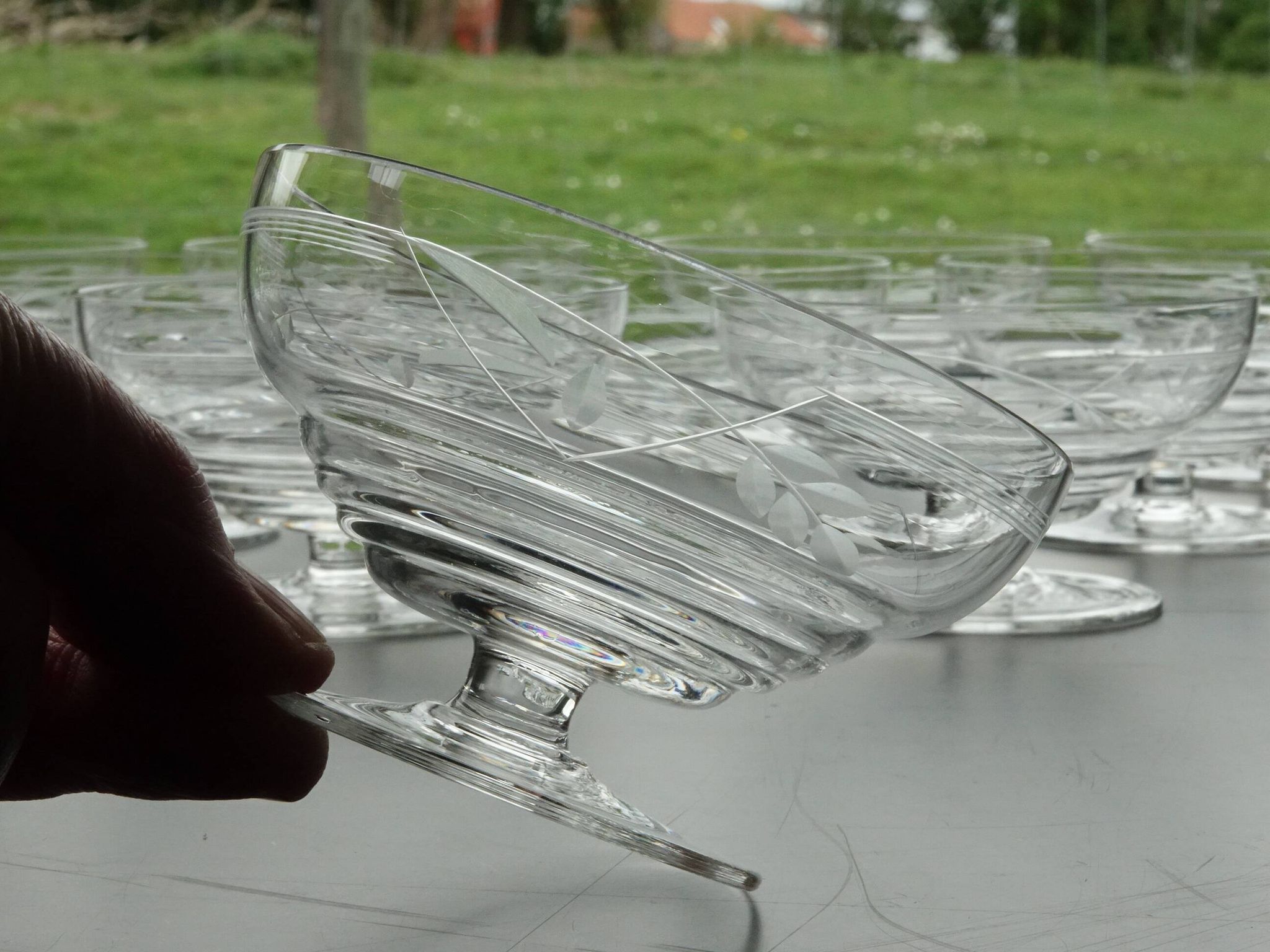 Set of 10 Art Deco crystal champagne glasses from Czechoslovakia