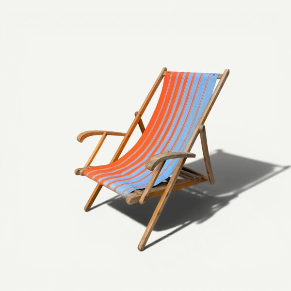 Transat chilienne ancienne toile rayée orange & bleu patine d'origine