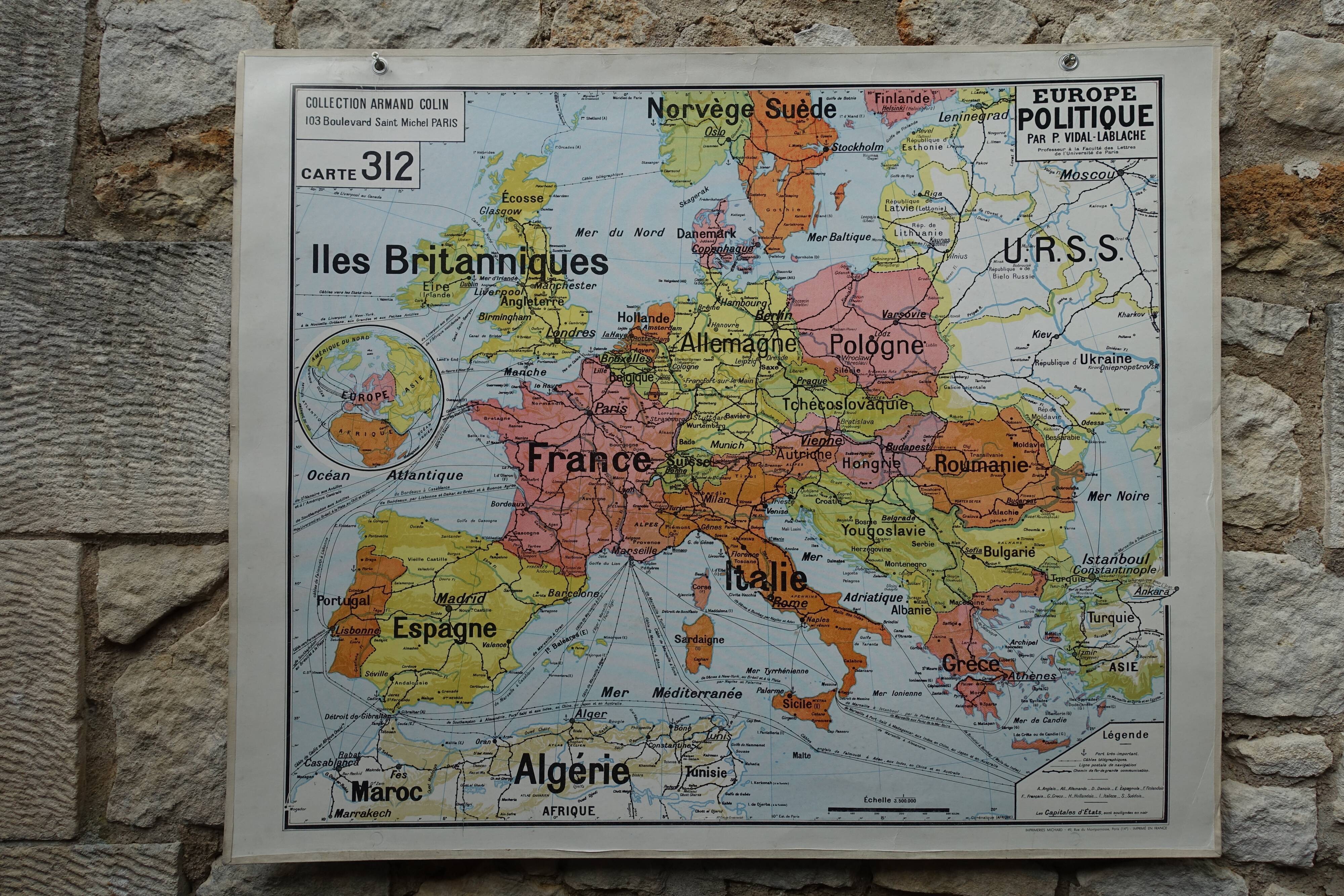Old school map Vidal Lablache 312 Political and geographical Europe