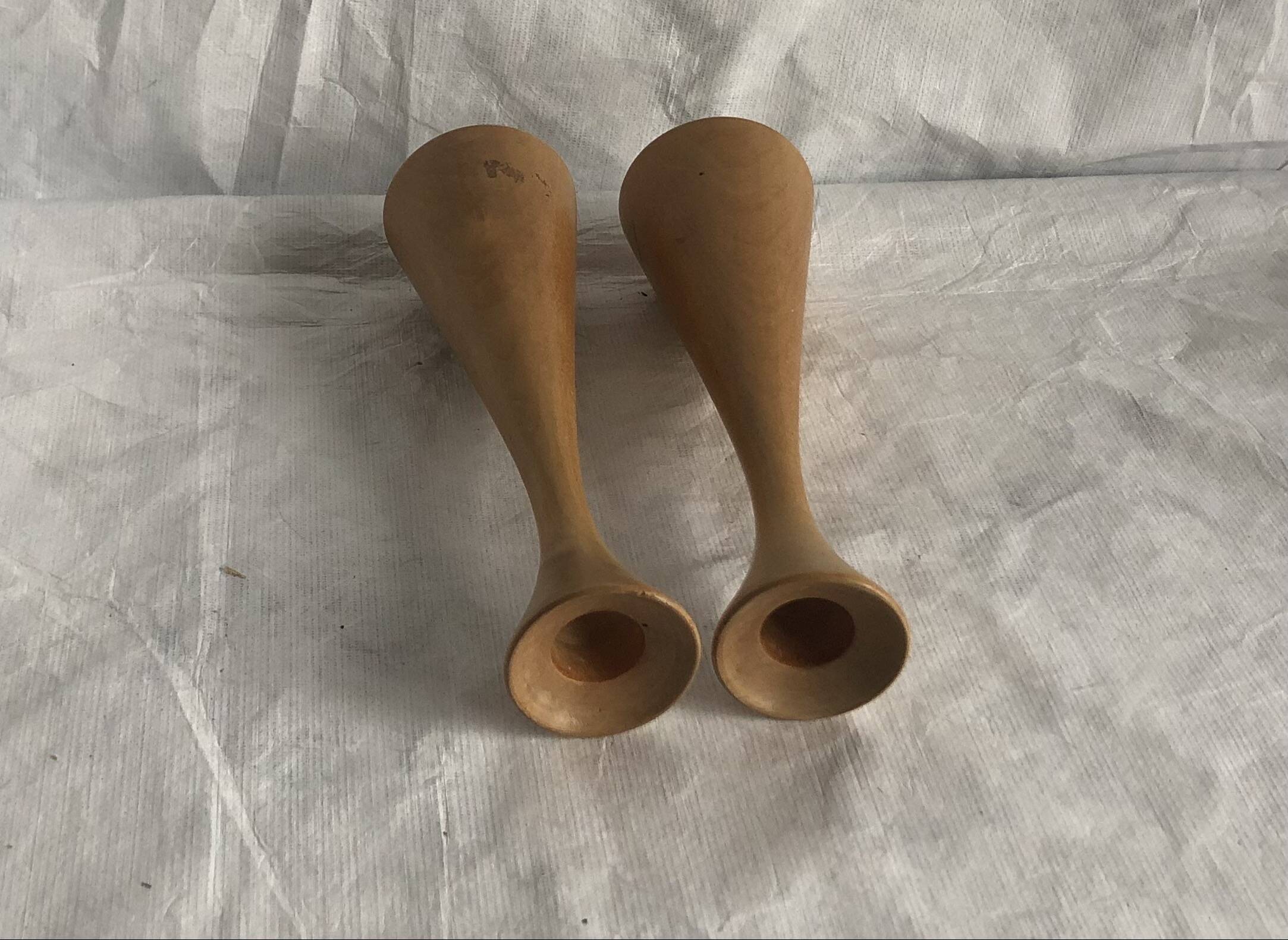 Pair of vintage birch wood candlesticks, Scandinavian design
