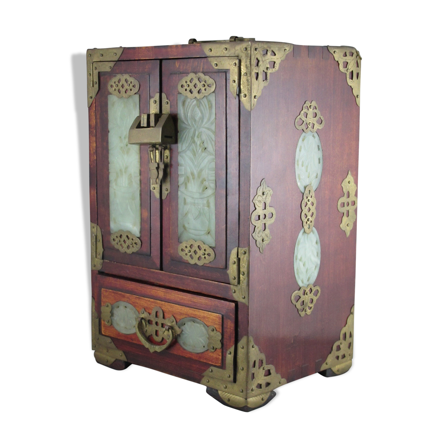Very large Chinese wooden jewelry box adorned with jade plates
