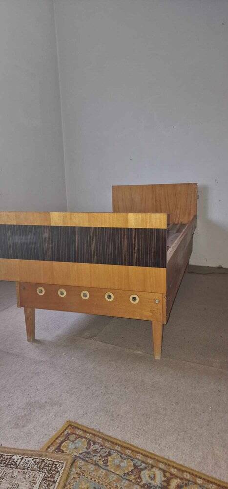Double bed Mid-Century in brown and black wood, 1960s, Czech production.