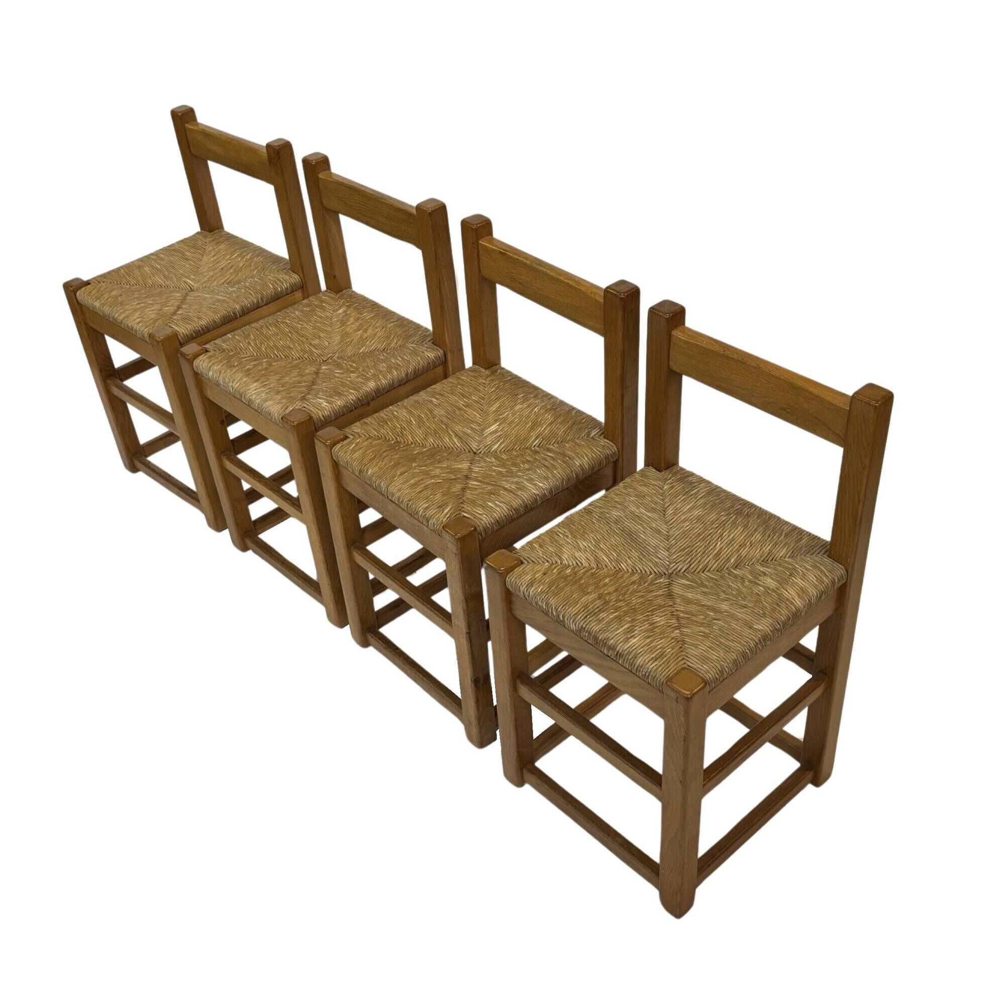 Set of four vintage chairs / stool - brutalist style minimalist oak and wicker 60s