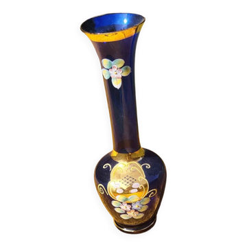 Vase à boutons en verre cobalt bleu vintage | Dorure à l'or 24 carats et peint à la main