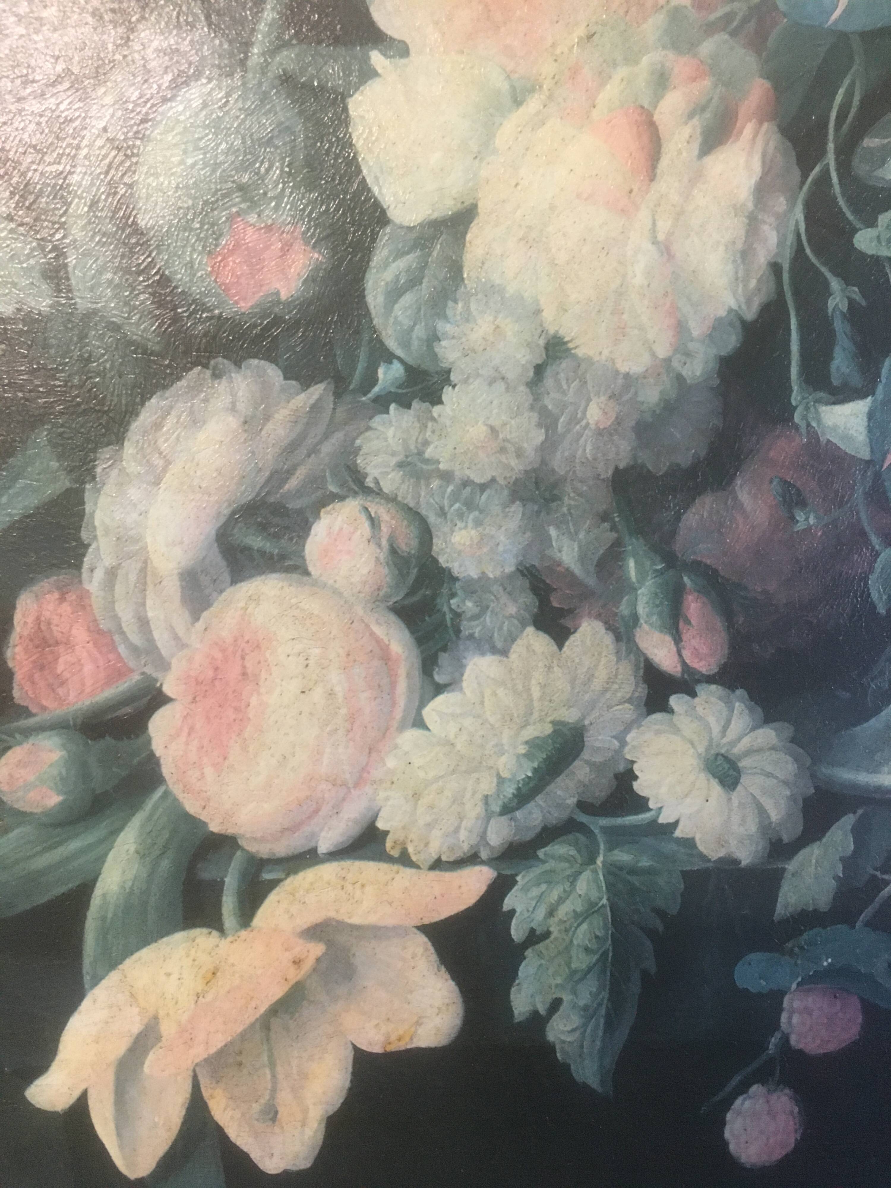 Bouquet of flowers and fruits on table, composition on canvas 100x120