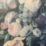 Bouquet of flowers and fruits on table, composition on canvas 100x120