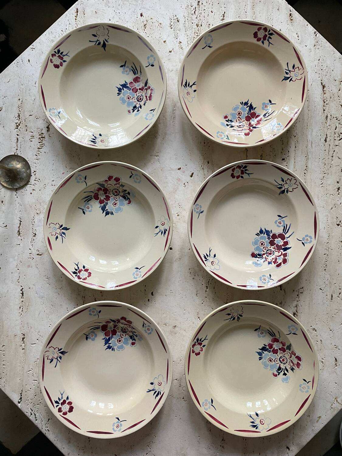 6 vintage old earthenware soup plates