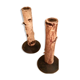 Pair of birch wood candlesticks, metal base