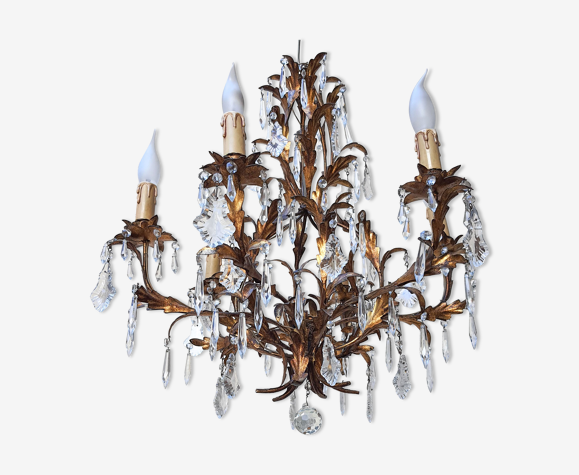 Lustre feuillage d'acanthes à pampilles 1960