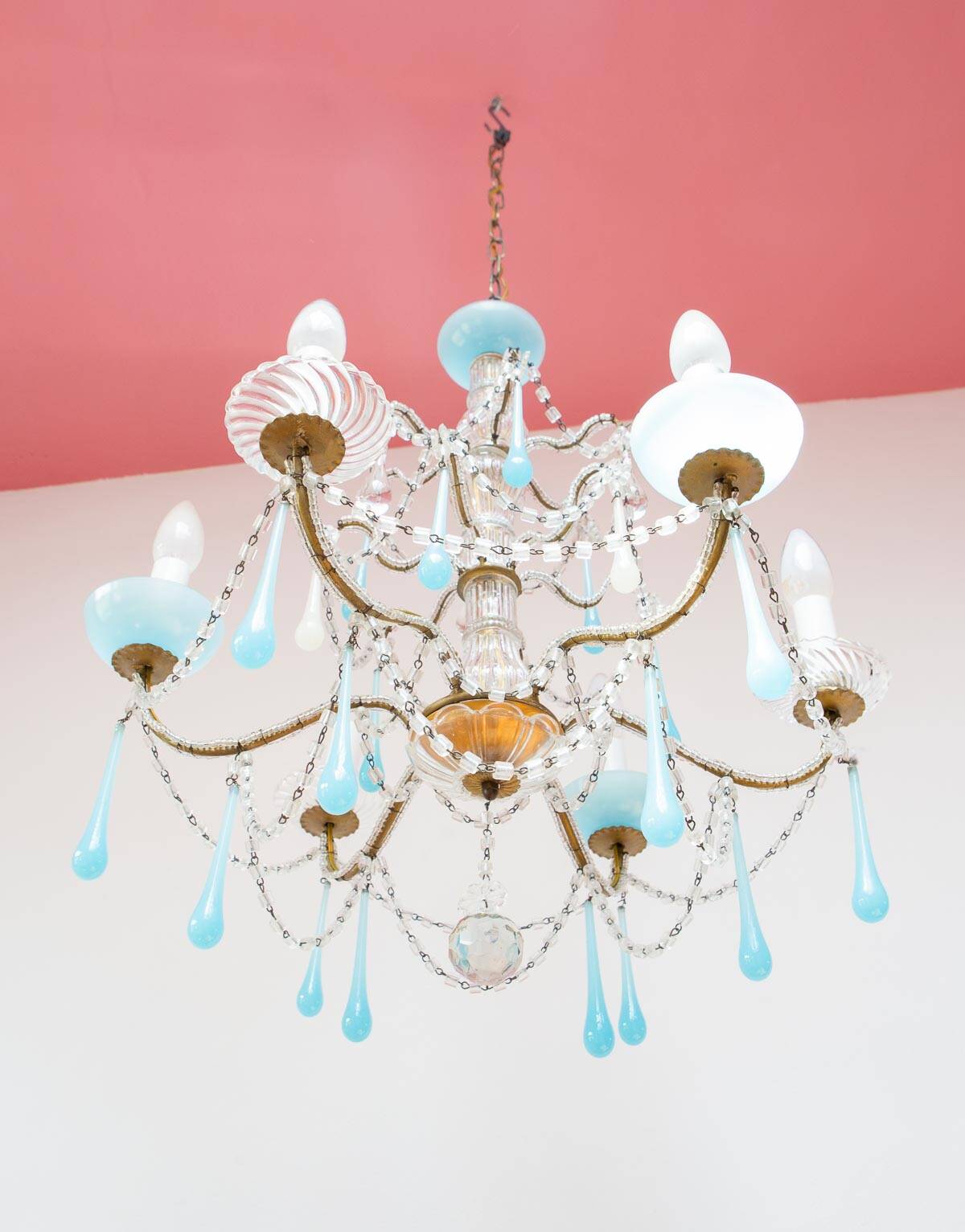 Italian chandelier with 6 arms in blue opaline glass (55 cm)