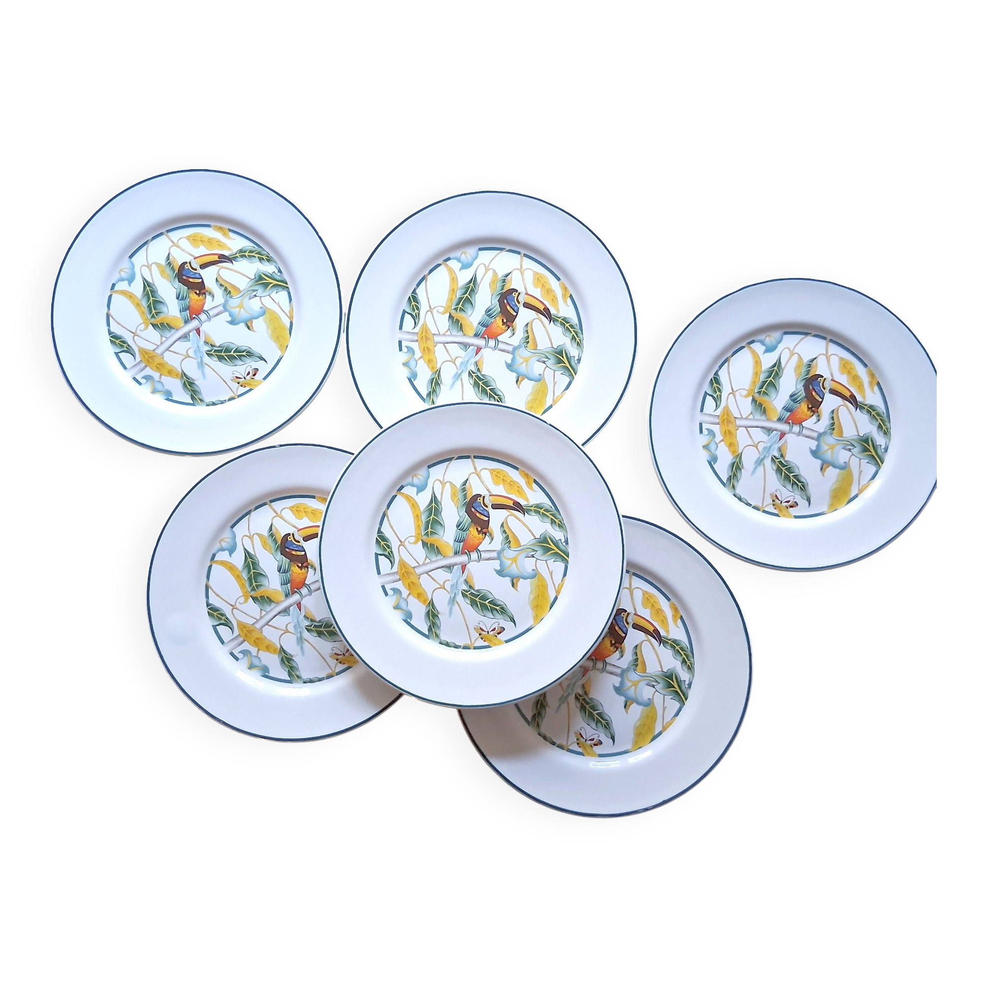 6 antique dessert plates with Toucan decor