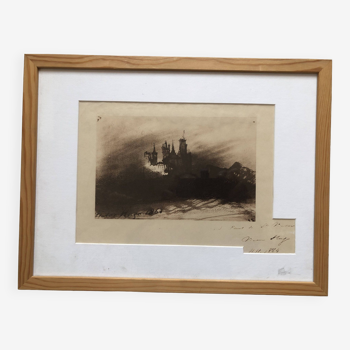 Gravure xix d'un dessin de victor hugo, chateau fantastique 1864, dédicace 1864, cadre verre, estamp