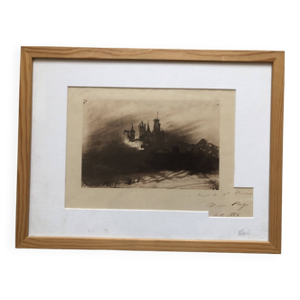 19th century engraving of a drawing by Victor Hugo, Chateau Fantastique 1864, dedication 1864, glass frame, print