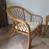 Vintage - lot de 2 fauteuils en bambou et rotin tressé avec coussins- couleur naturel - Années 80