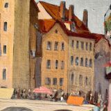 1940s French oil painting on wood. Cityscape
