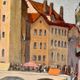 1940s French oil painting on wood. Cityscape