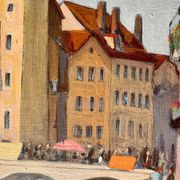 1940s French oil painting on wood. Cityscape
