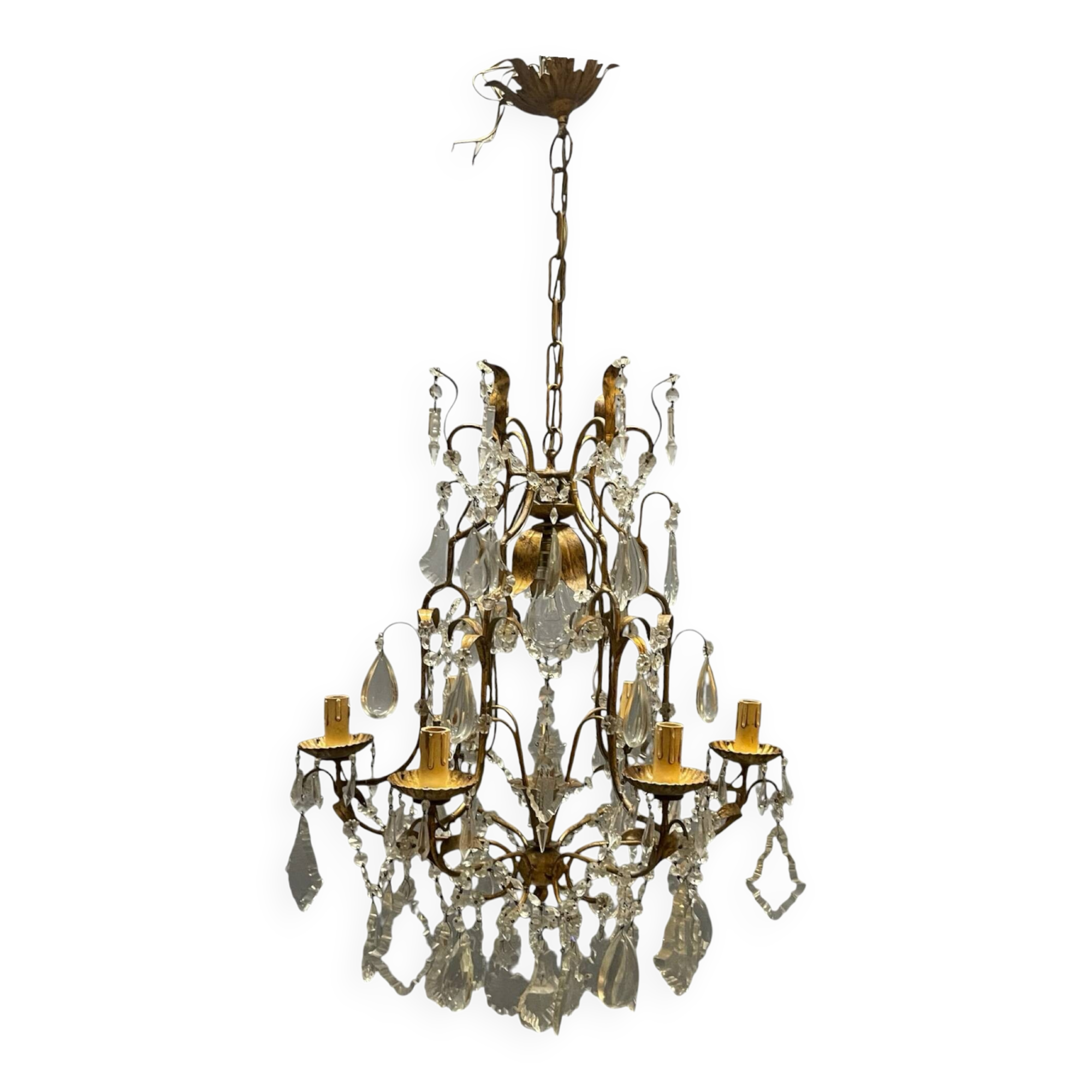 Large Gilded Florentine Tole and Crystal Chandelier, 1950s