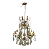 Grand chandelier florentin en tole dorée et cristal, années 1950