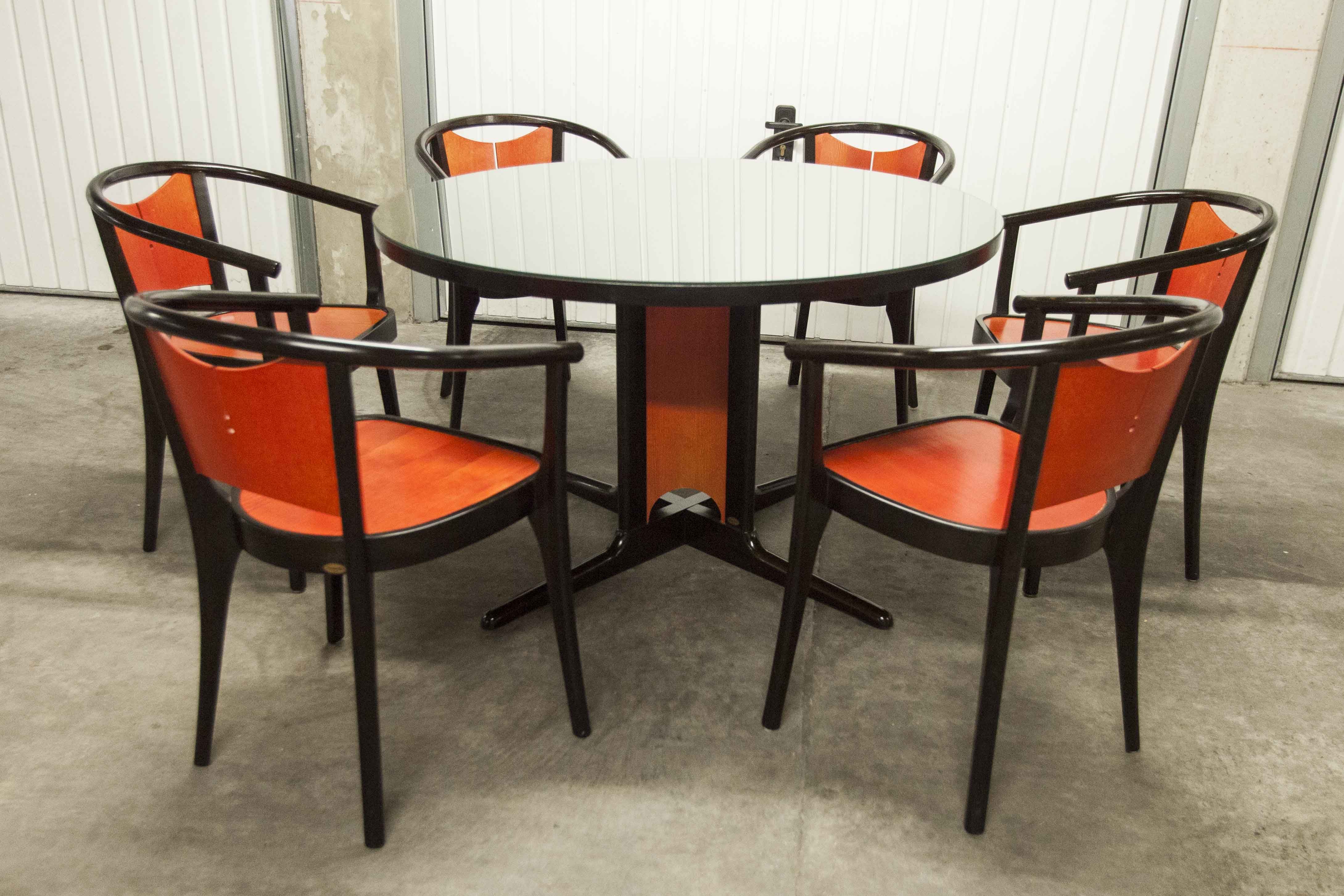 Table and 6 armchairs Baumann Diese, design Pagnon Pelhaître, Wenge color and red,