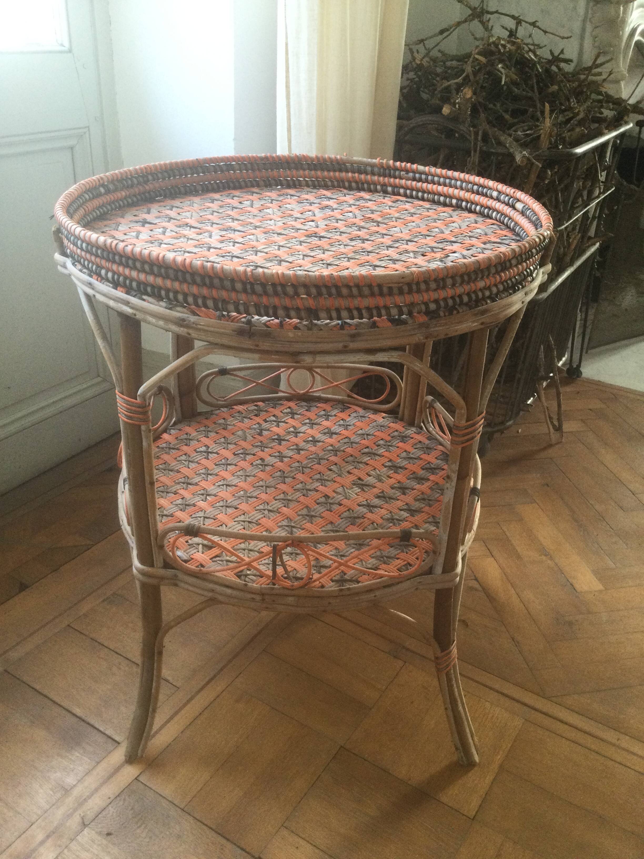 Round old rattan pedestal table