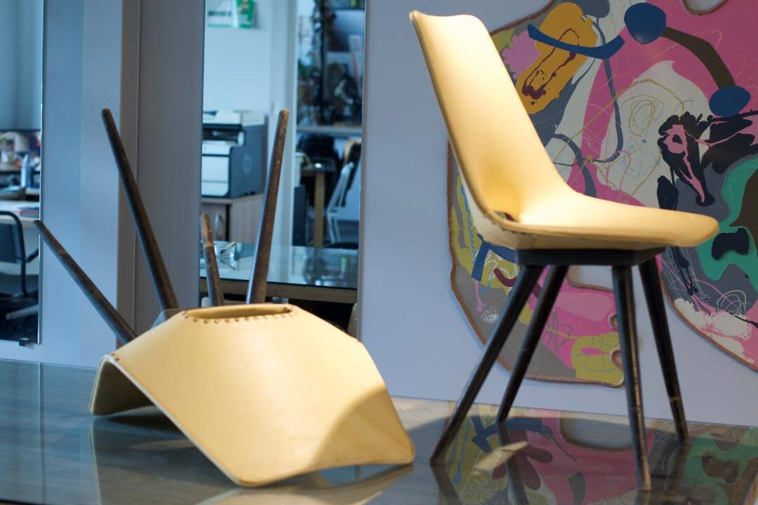 Pair of yellow “Tonneau” chairs Pierre Guariche edition Thonet 1950