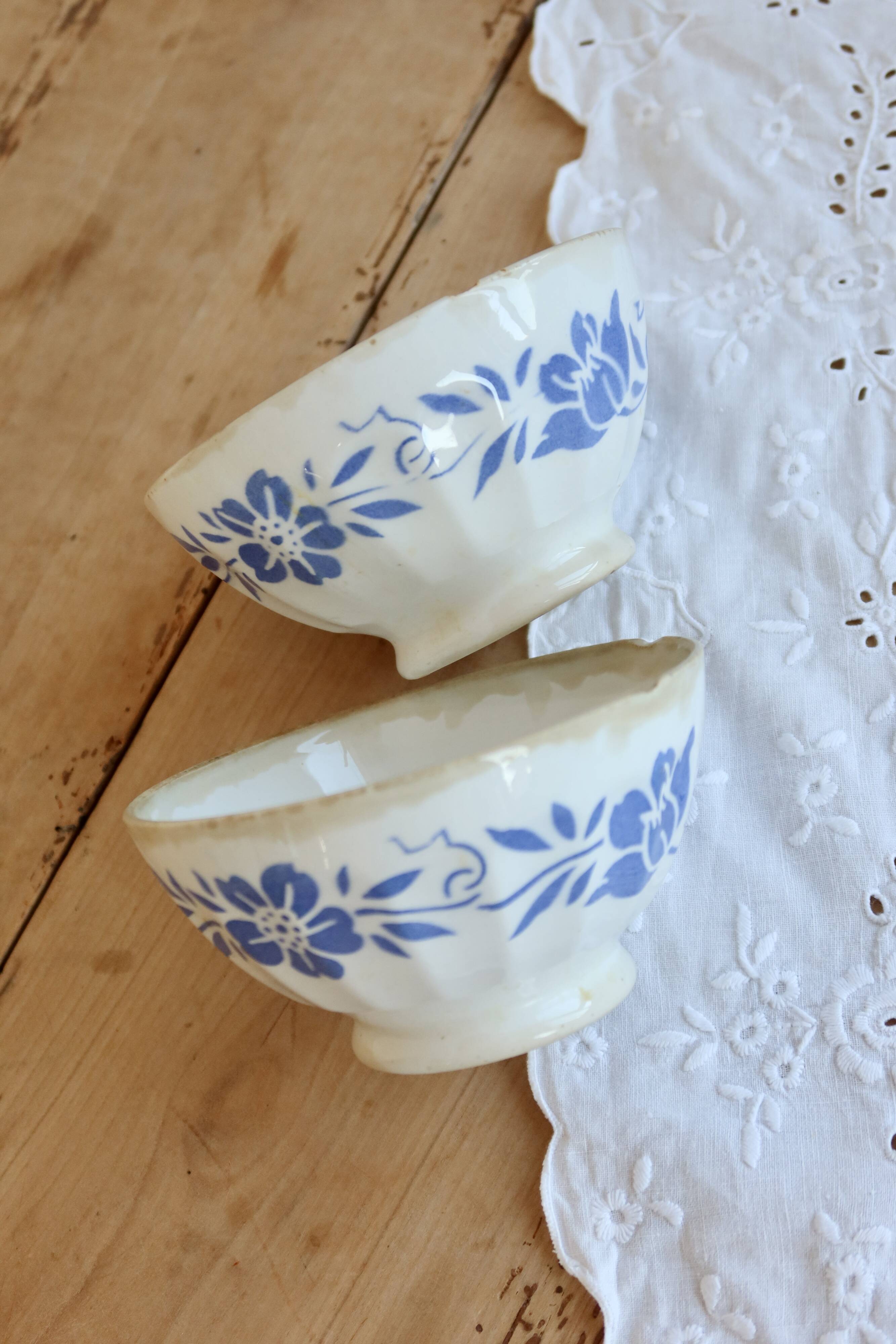 Paire de bols vintage en faïence décor bleu fleuri