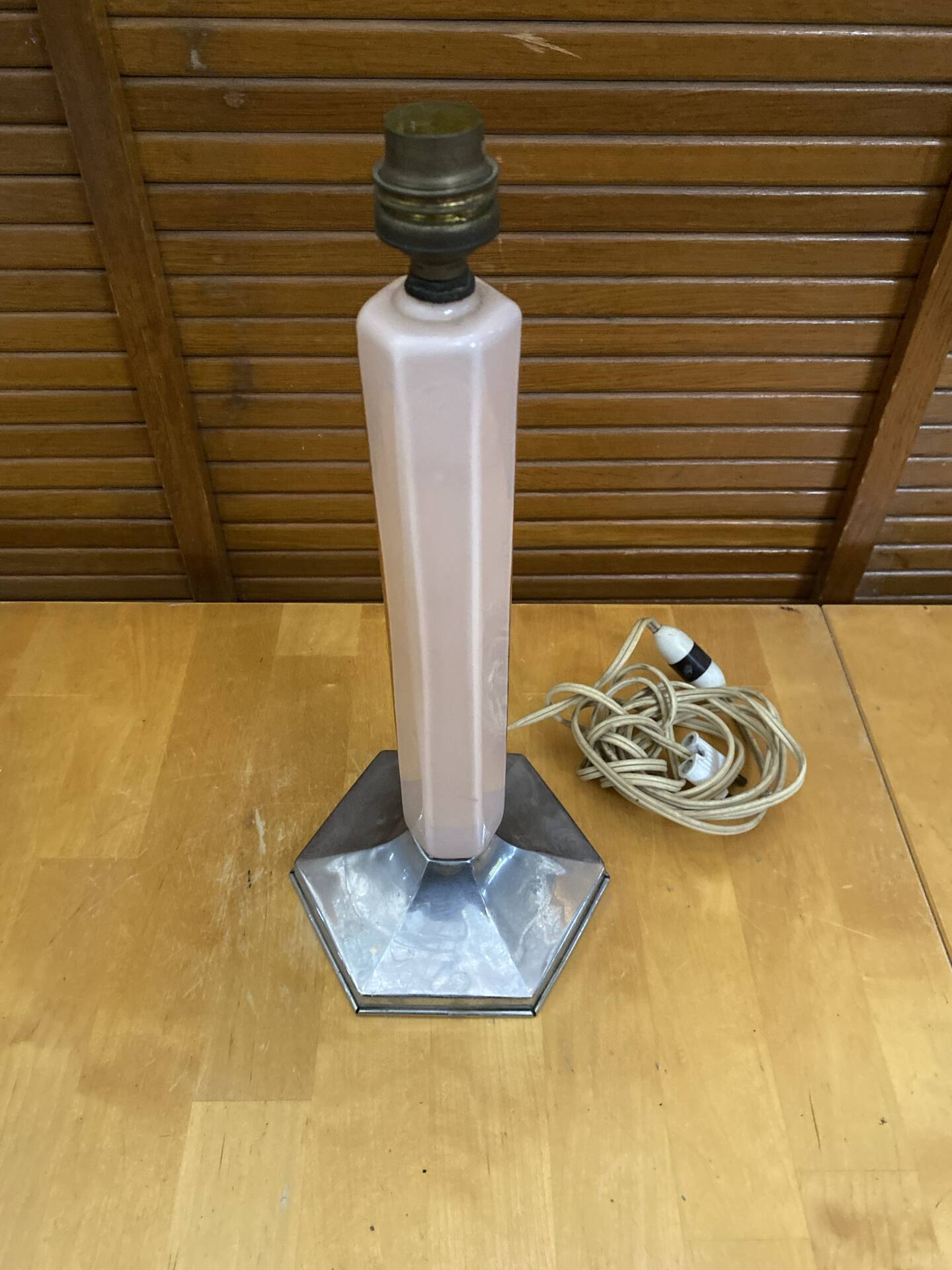 Old art deco hexagonal chrome metal lamp base + vintage pink glass
