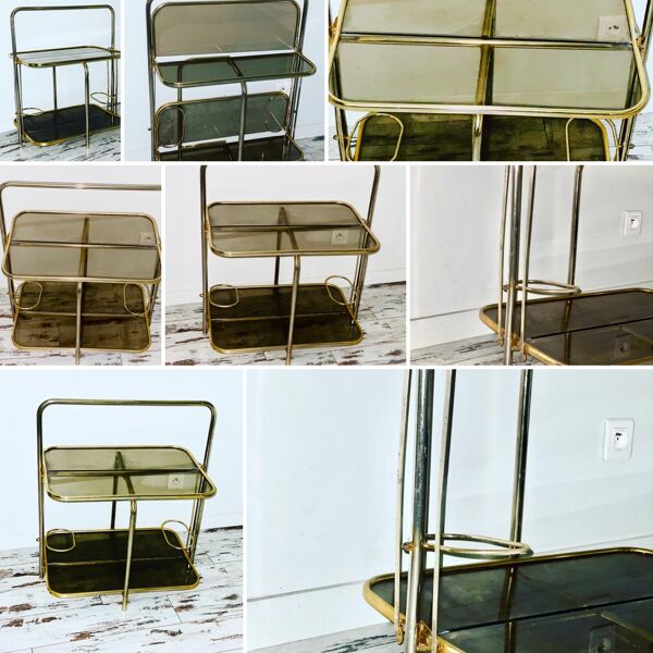 Desserte dorée et plateau en verre fumé  circa 60/70