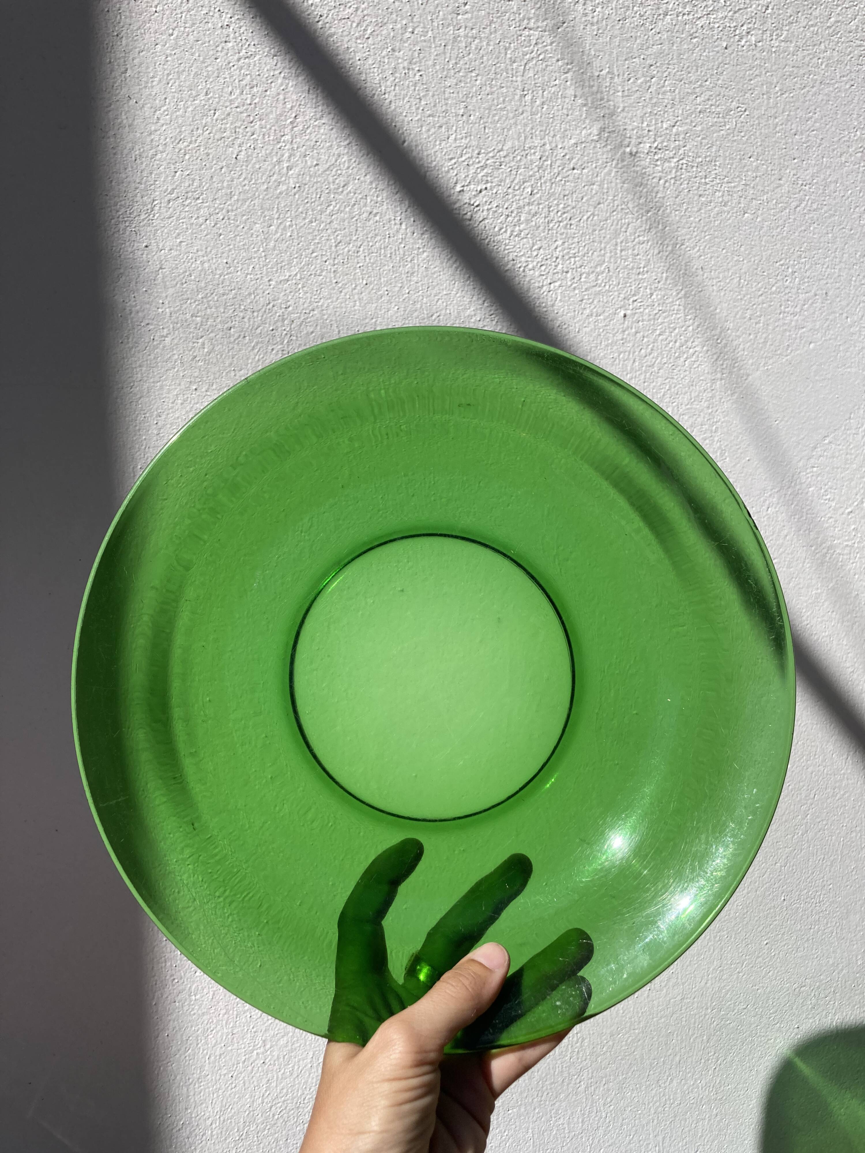 Set of 7 dishes in brown and green vintage glass