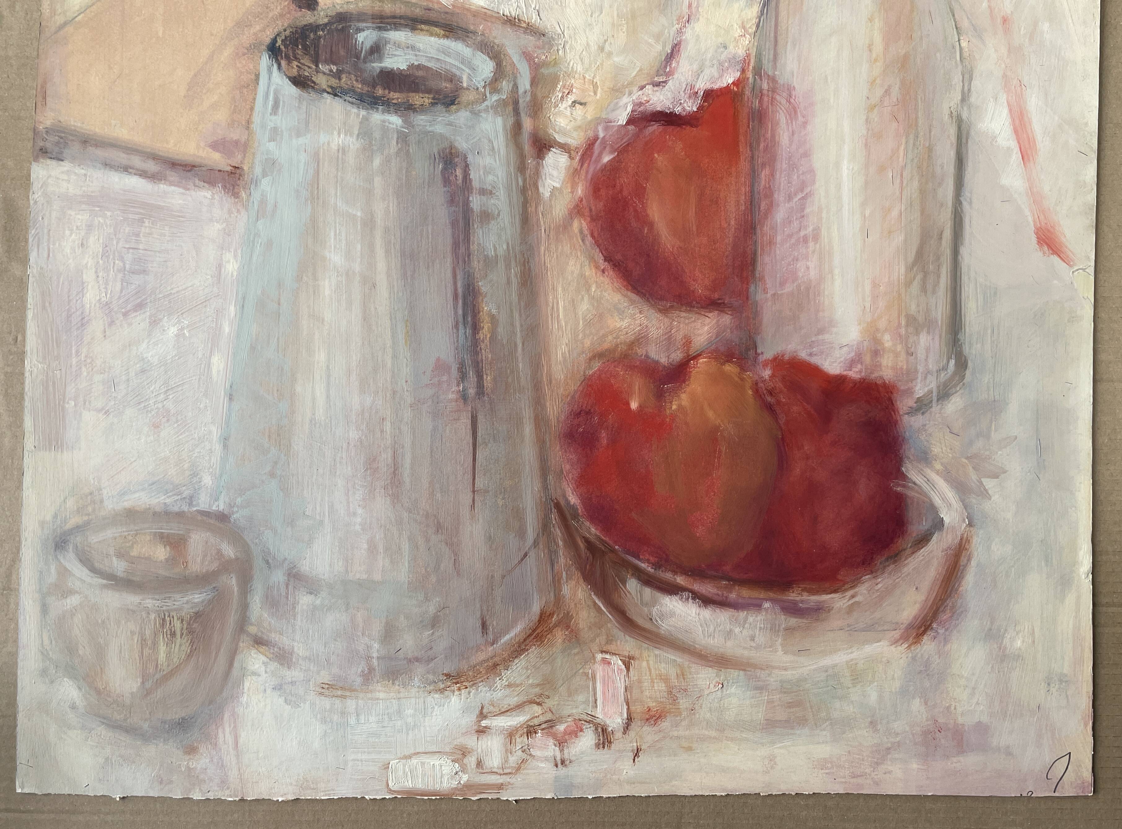 Still life "Red apples and blue pitcher" oil on cardboard