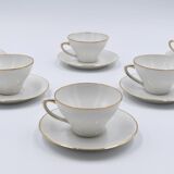 6 vintage porcelain cups and sub-cups France white brand SEP with gilded net