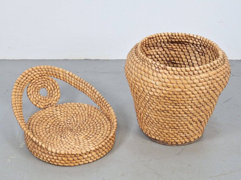 Vintage Straw and Wicker Stool with Storage Basket, 1960s