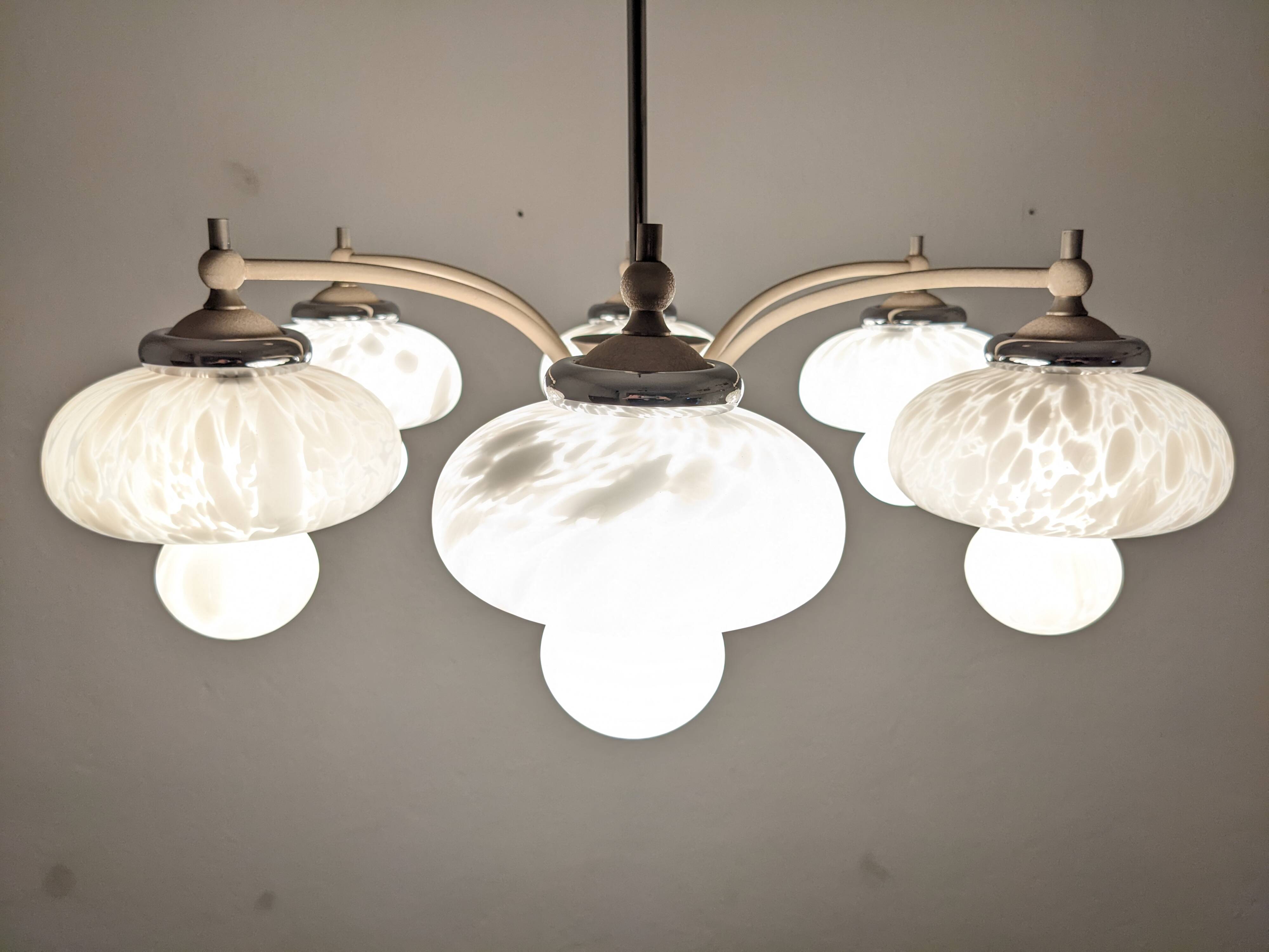 Space age chandelier with 6 frosted glass lights, Eastern Europe circa 1950.