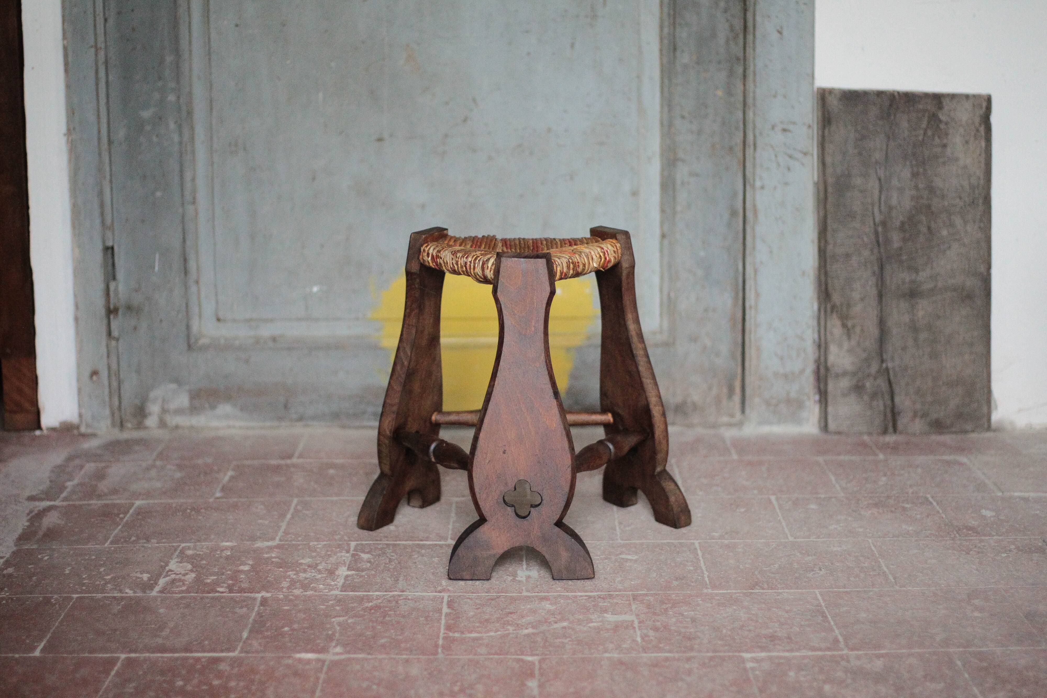 Wood and rush tripod stool, vintage stool, Gothic style stool