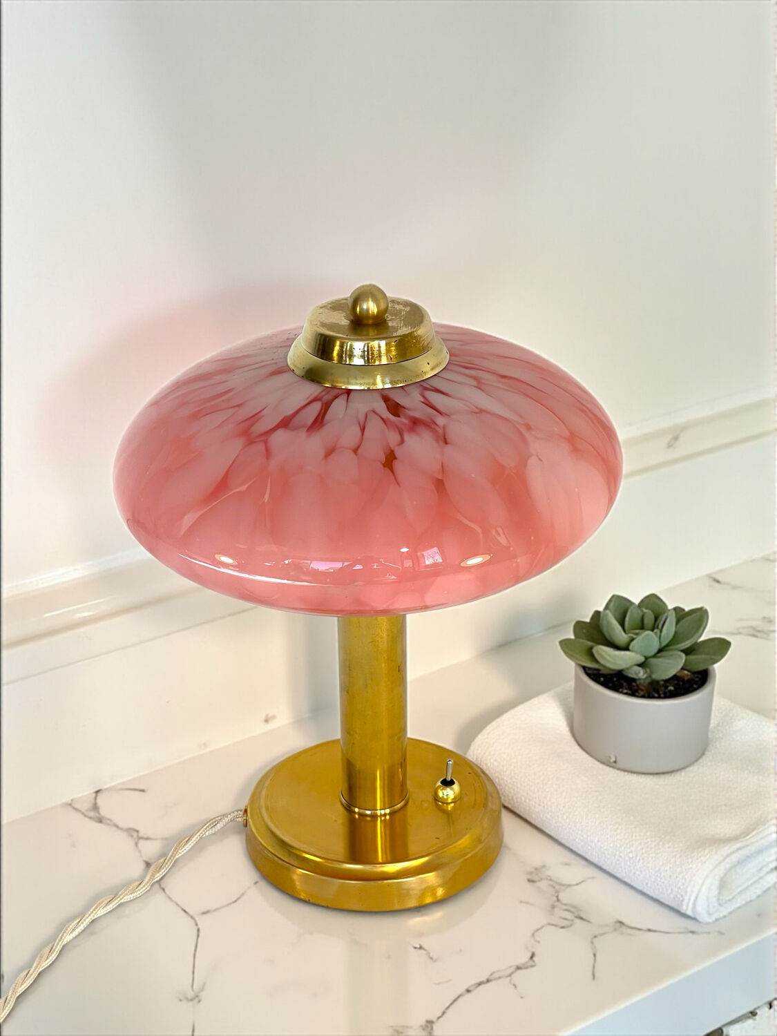Pair of Art Deco mushroom table lamps, pink Clichy glass
