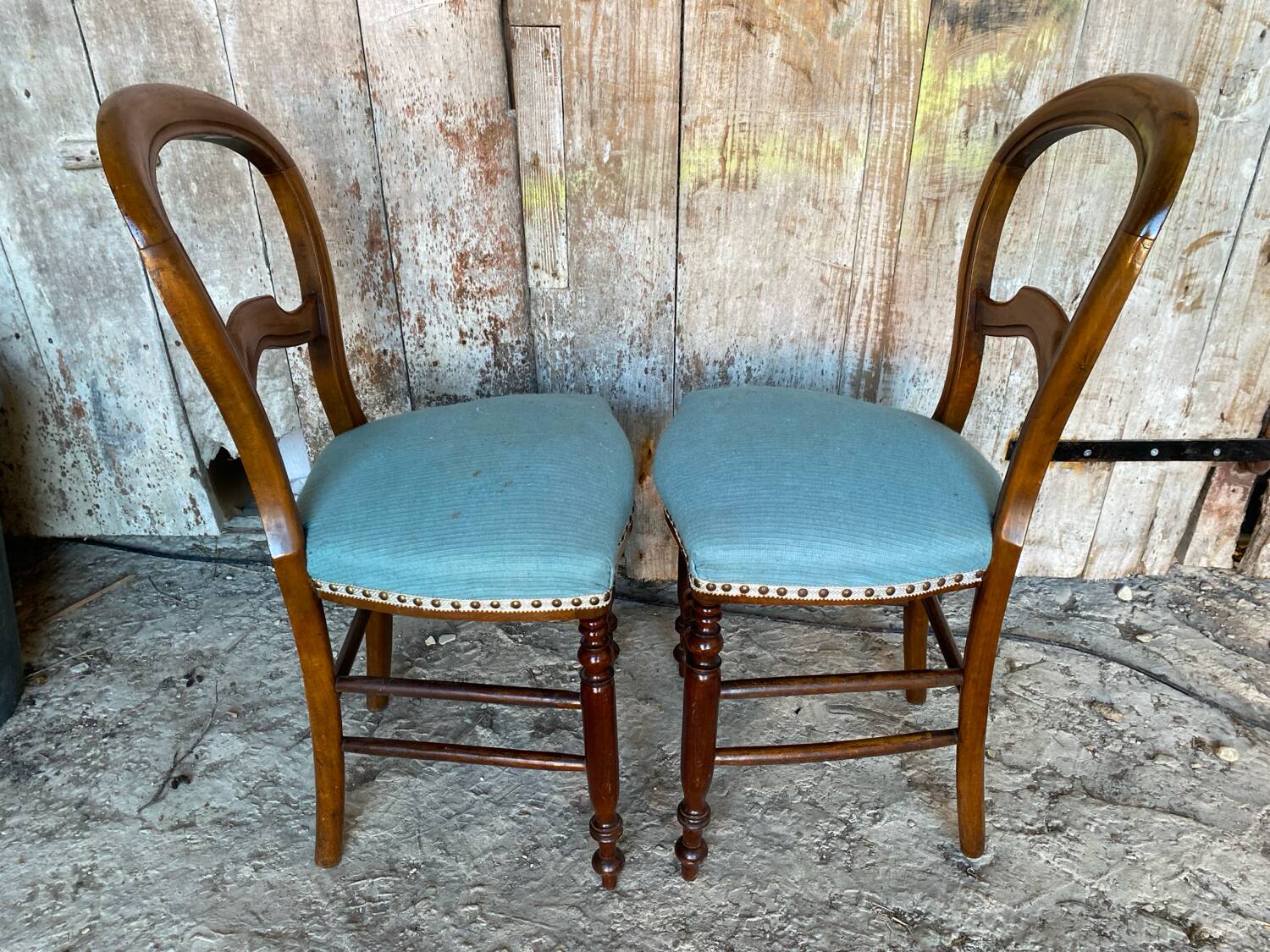 Pair of antique louis philippe chairs wood + blue vintage fabric seat