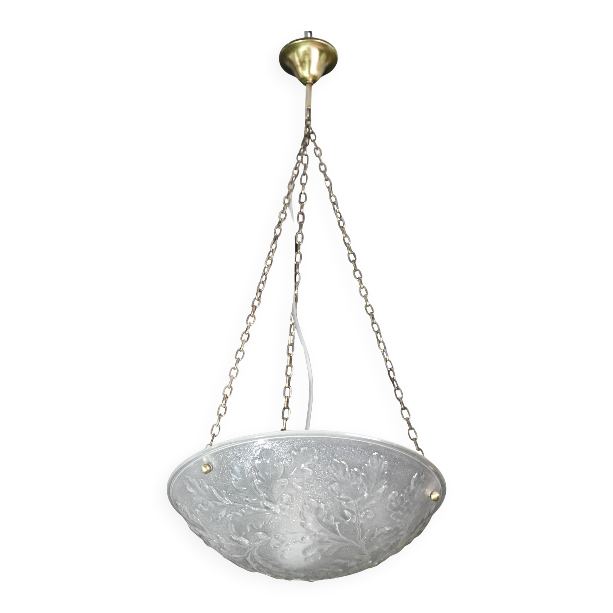 French Art Deco glass bowl pendant chandelier with floral pattern, 1950