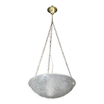 French Art Deco glass bowl pendant chandelier with floral pattern, 1950