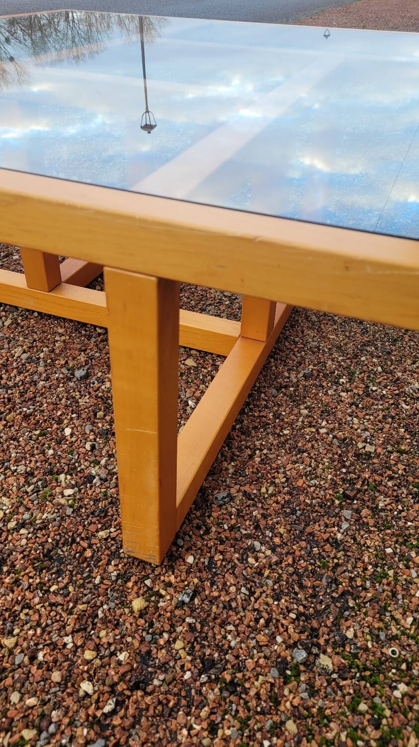 Modernist vintage square coffee table, in wood and old glass